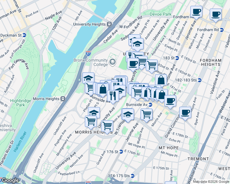 map of restaurants, bars, coffee shops, grocery stores, and more near in The Bronx