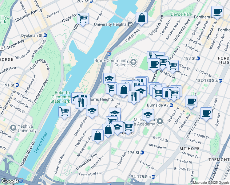 map of restaurants, bars, coffee shops, grocery stores, and more near 210 West 179th Street in Bronx