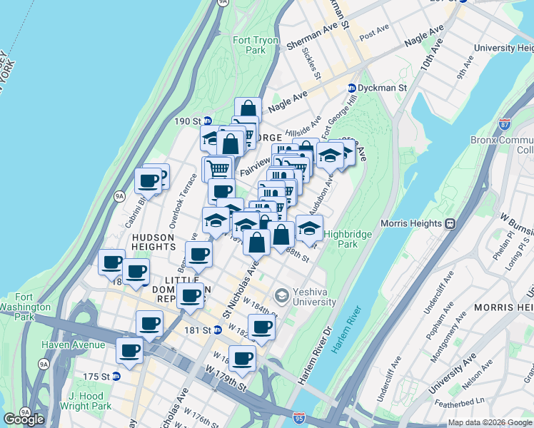 map of restaurants, bars, coffee shops, grocery stores, and more near 341 Wadsworth Avenue in New York