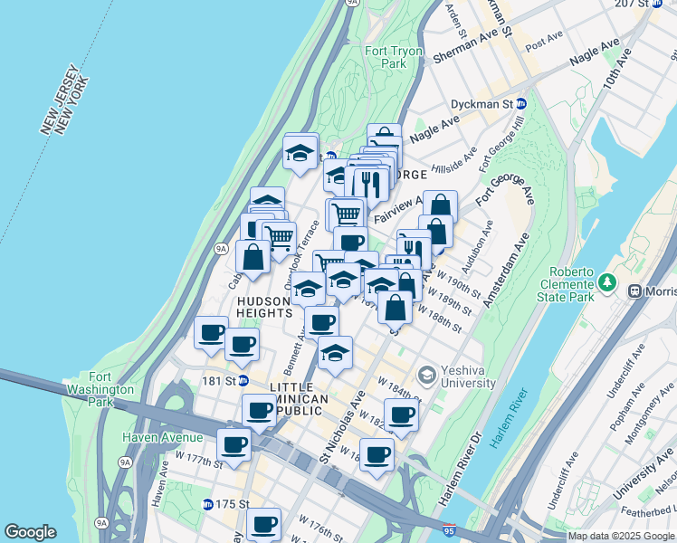 map of restaurants, bars, coffee shops, grocery stores, and more near 4411 Broadway in New York
