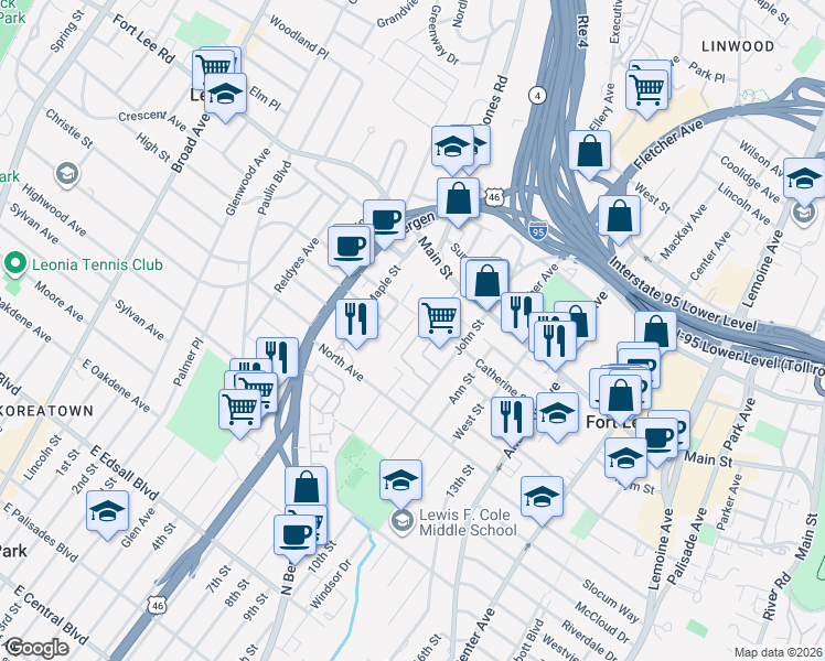 map of restaurants, bars, coffee shops, grocery stores, and more near 530 Jane Street in Fort Lee