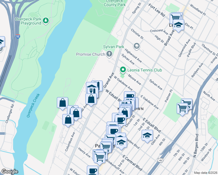 map of restaurants, bars, coffee shops, grocery stores, and more near 524 Grand Avenue in Palisades Park