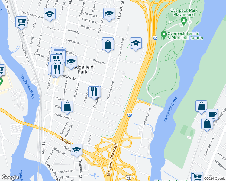 map of restaurants, bars, coffee shops, grocery stores, and more near 98 Overpeck Avenue in Ridgefield Park