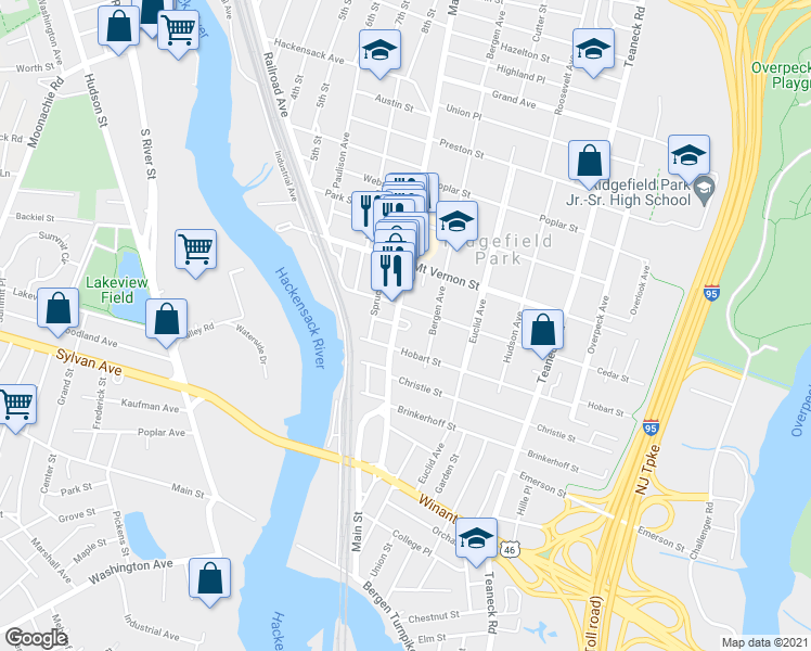 map of restaurants, bars, coffee shops, grocery stores, and more near 167 Main Street in Ridgefield Park