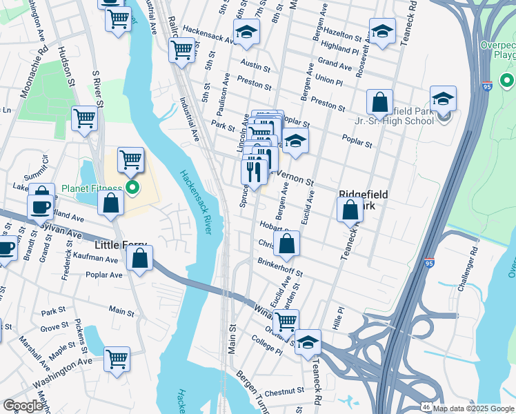 map of restaurants, bars, coffee shops, grocery stores, and more near 167 Main Street in Ridgefield Park
