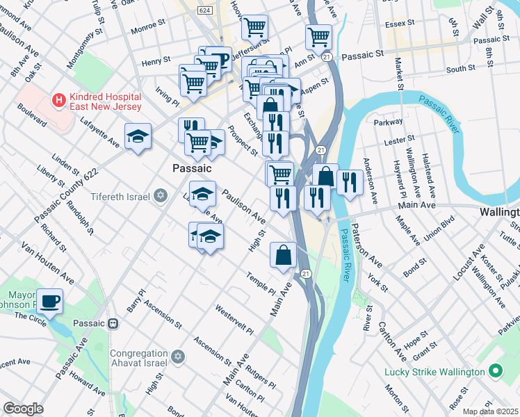 map of restaurants, bars, coffee shops, grocery stores, and more near 85 Gregory Avenue in Passaic