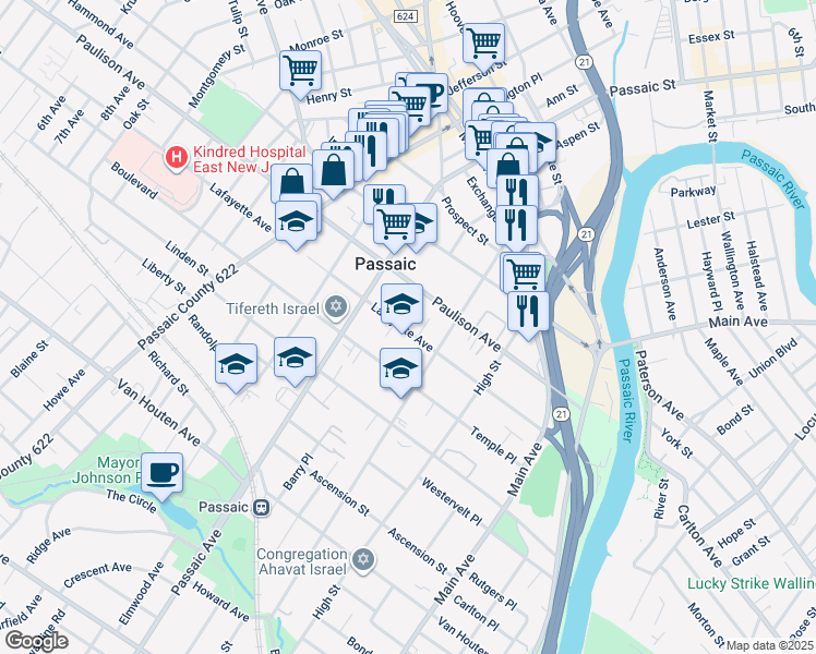 map of restaurants, bars, coffee shops, grocery stores, and more near 188 Lafayette Avenue in Passaic