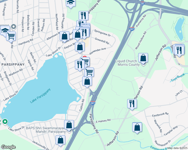 map of restaurants, bars, coffee shops, grocery stores, and more near 4 Colonial Gardens Apartments Road in Parsippany-Troy Hills
