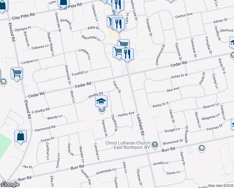 map of restaurants, bars, coffee shops, grocery stores, and more near 27 Caton Street in East Northport