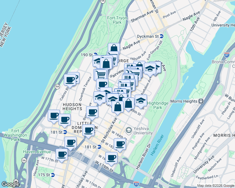 map of restaurants, bars, coffee shops, grocery stores, and more near 644 West 189th Street in New York
