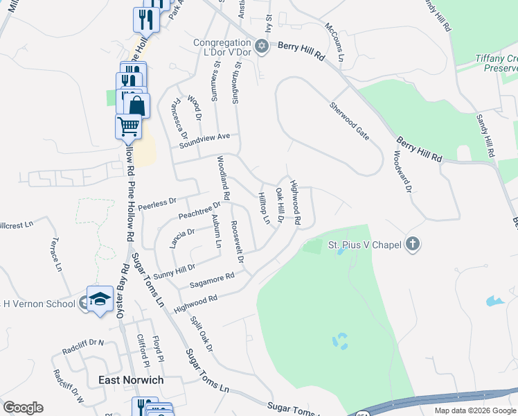 map of restaurants, bars, coffee shops, grocery stores, and more near 3 Hilltop Lane in Oyster Bay