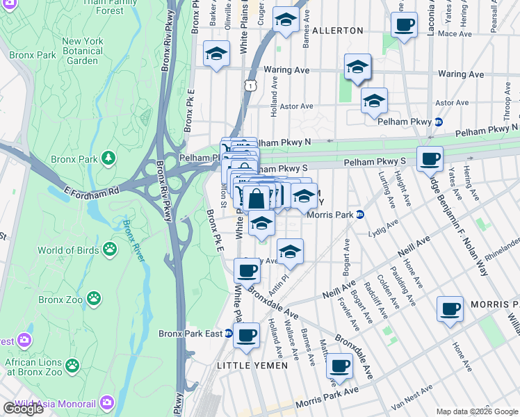 map of restaurants, bars, coffee shops, grocery stores, and more near 2140 Cruger Avenue in Bronx