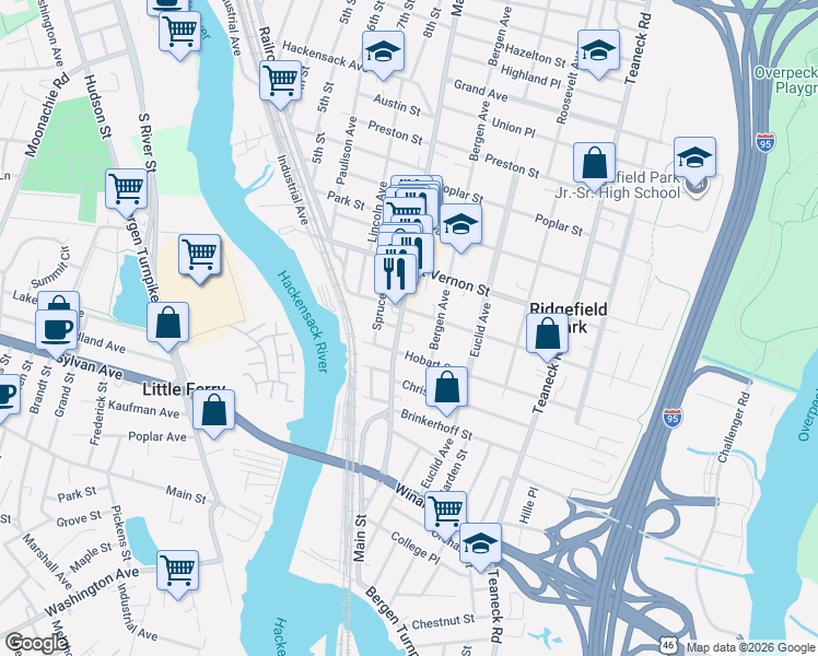 map of restaurants, bars, coffee shops, grocery stores, and more near 167 Main Street in Ridgefield Park