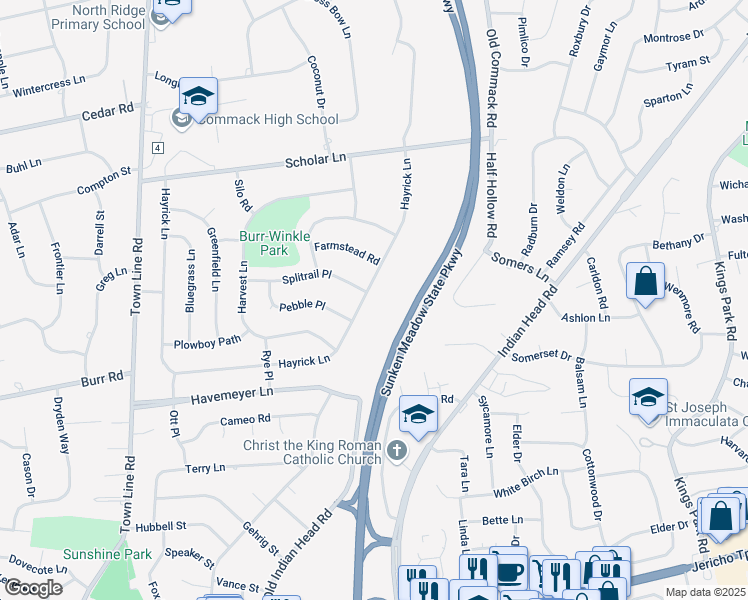 map of restaurants, bars, coffee shops, grocery stores, and more near 112 Hayrick Lane in Commack