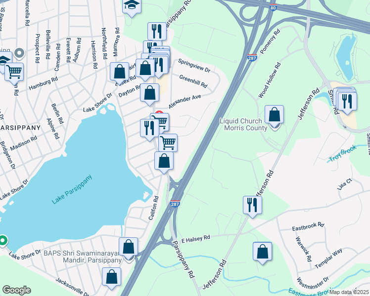 map of restaurants, bars, coffee shops, grocery stores, and more near 350 Parsippany Road in Parsippany-Troy Hills