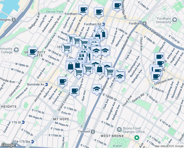 map of restaurants, bars, coffee shops, grocery stores, and more near 2180 Ryer Avenue in Bronx