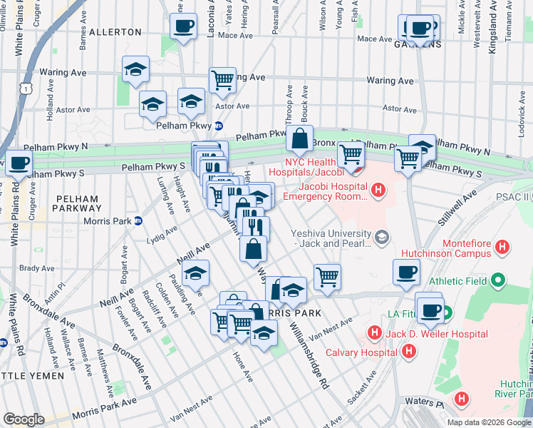 map of restaurants, bars, coffee shops, grocery stores, and more near 1193 Neill Avenue in Bronx