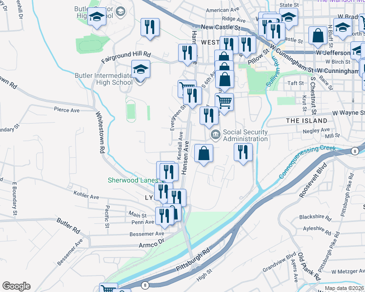map of restaurants, bars, coffee shops, grocery stores, and more near 107 Peterson Street in Lyndora