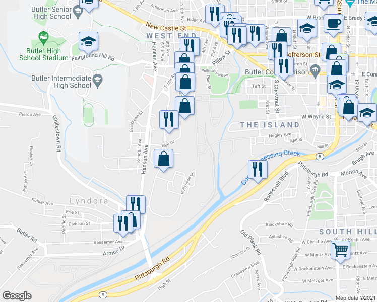 map of restaurants, bars, coffee shops, grocery stores, and more near 112 Woody Drive in Butler