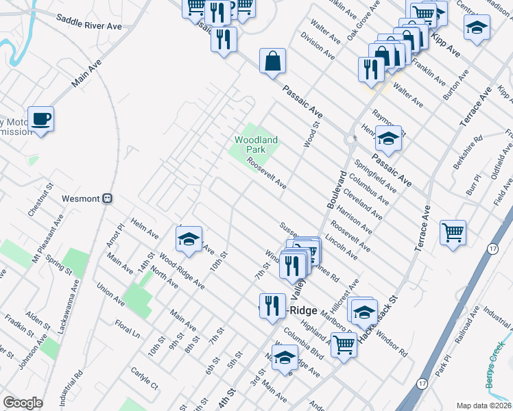 map of restaurants, bars, coffee shops, grocery stores, and more near 269 Sussex Road in Wood-Ridge