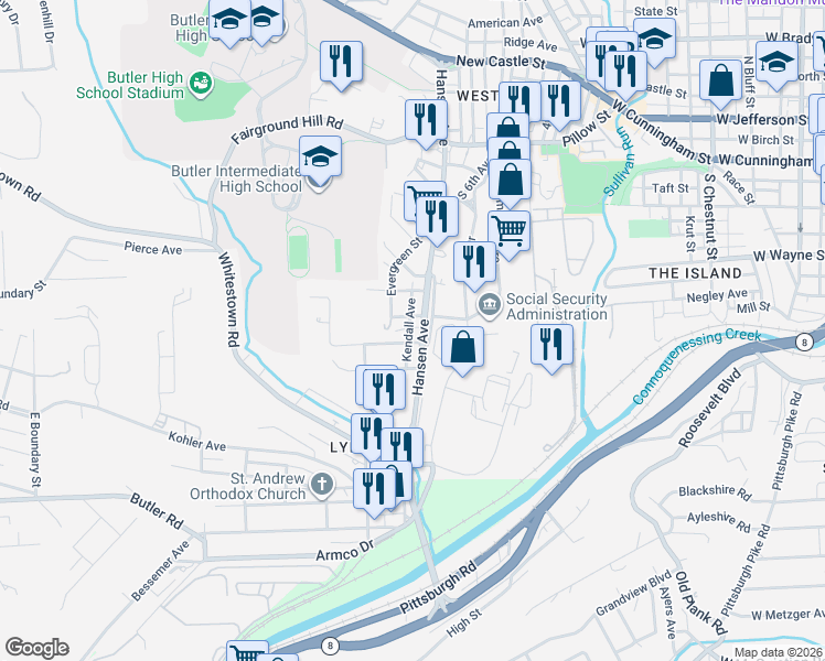 map of restaurants, bars, coffee shops, grocery stores, and more near 569 Kendall Avenue in Homeacre-Lyndora