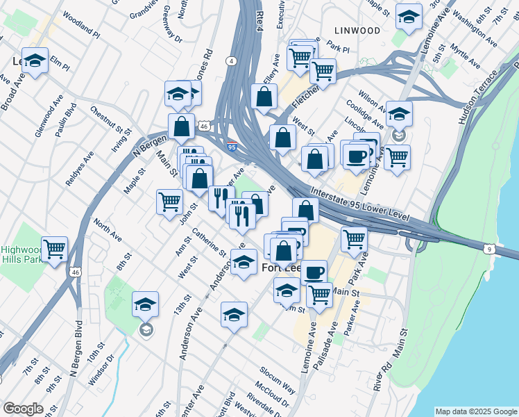 map of restaurants, bars, coffee shops, grocery stores, and more near 2000 Linwood Avenue in Fort Lee