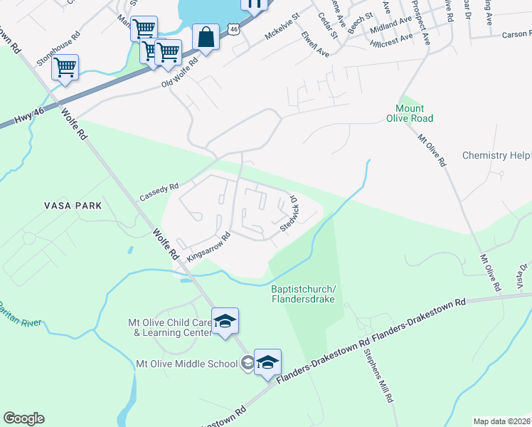 map of restaurants, bars, coffee shops, grocery stores, and more near 45 Kings Village in Mount Olive