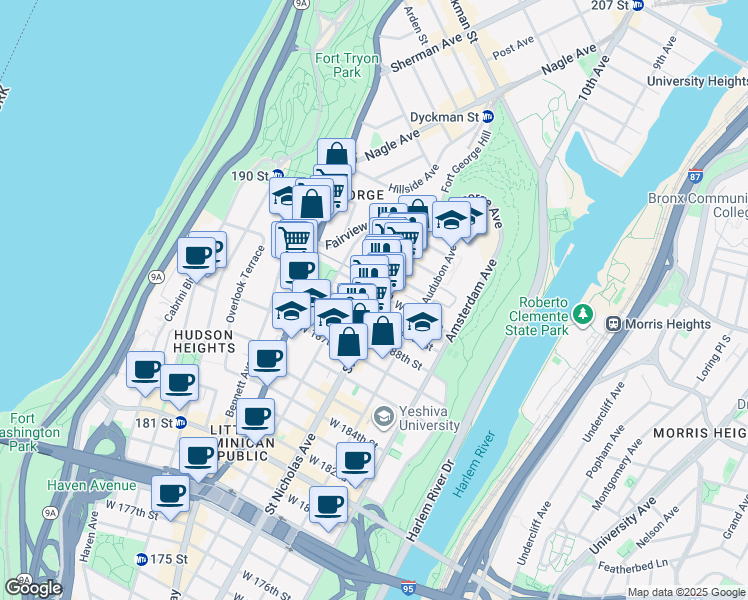 map of restaurants, bars, coffee shops, grocery stores, and more near 600 West 190th Street in New York