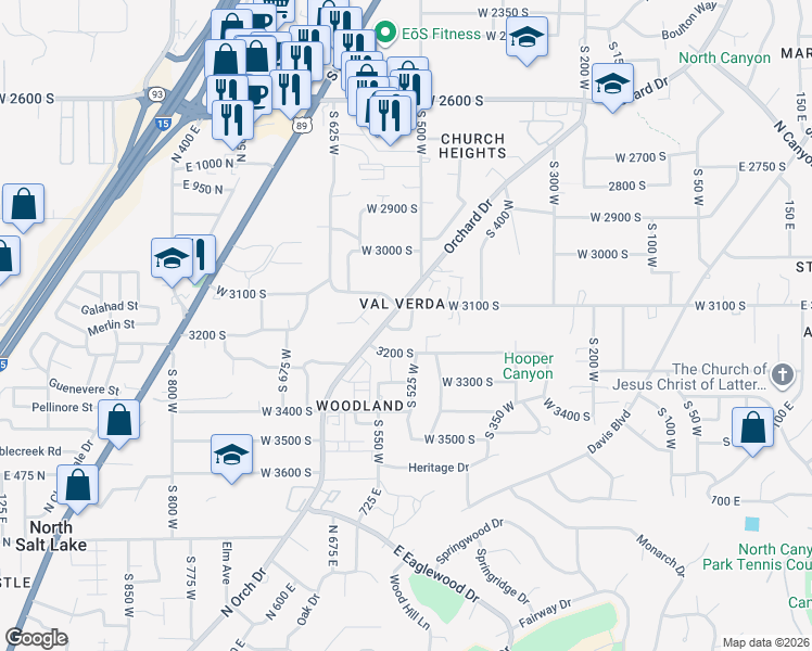 map of restaurants, bars, coffee shops, grocery stores, and more near 3126 Applewood Drive in Bountiful