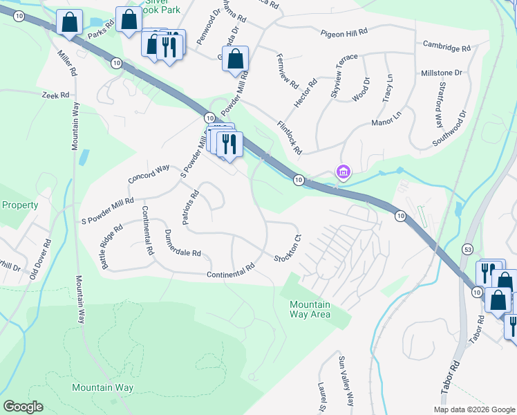 map of restaurants, bars, coffee shops, grocery stores, and more near 84 Continental Road in Morris Plains