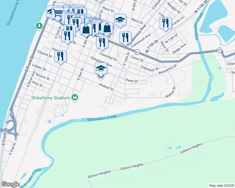 map of restaurants, bars, coffee shops, grocery stores, and more near 237 Lenker Avenue in Sunbury