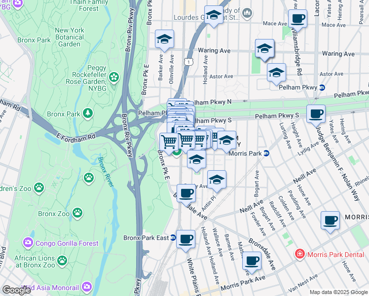 map of restaurants, bars, coffee shops, grocery stores, and more near 2170 White Plains Road in Bronx