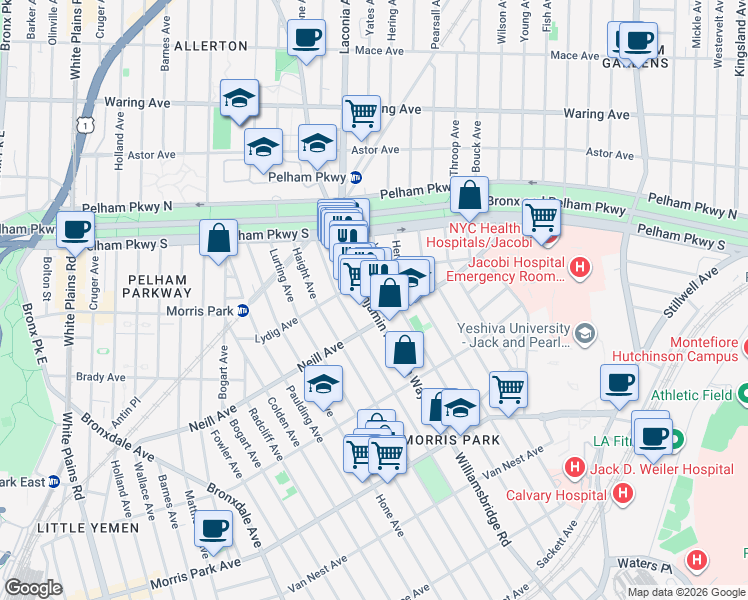 map of restaurants, bars, coffee shops, grocery stores, and more near 2034 Yates Avenue in Bronx
