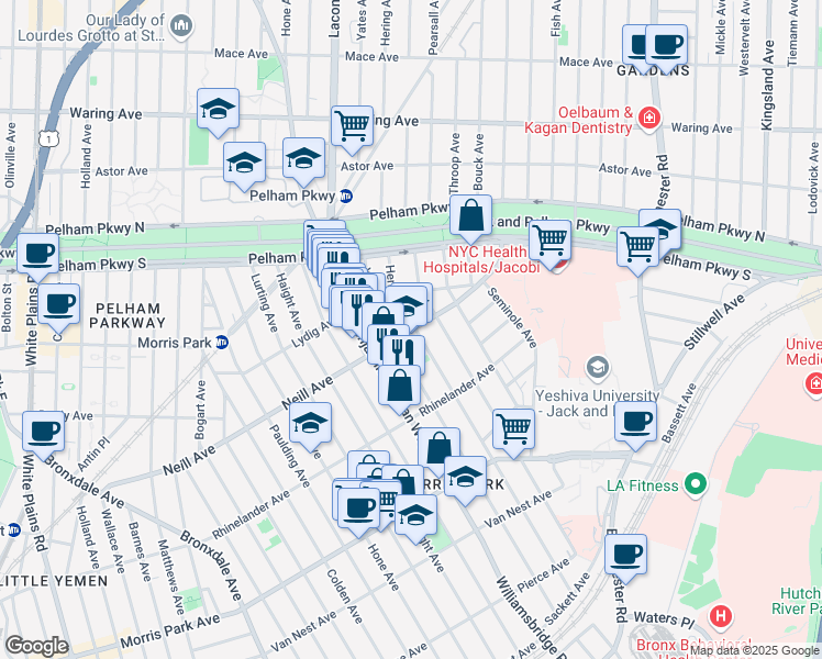 map of restaurants, bars, coffee shops, grocery stores, and more near 1193 Neill Avenue in Bronx