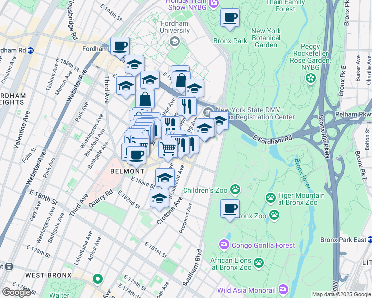 map of restaurants, bars, coffee shops, grocery stores, and more near 2445 Beaumont Avenue in Bronx