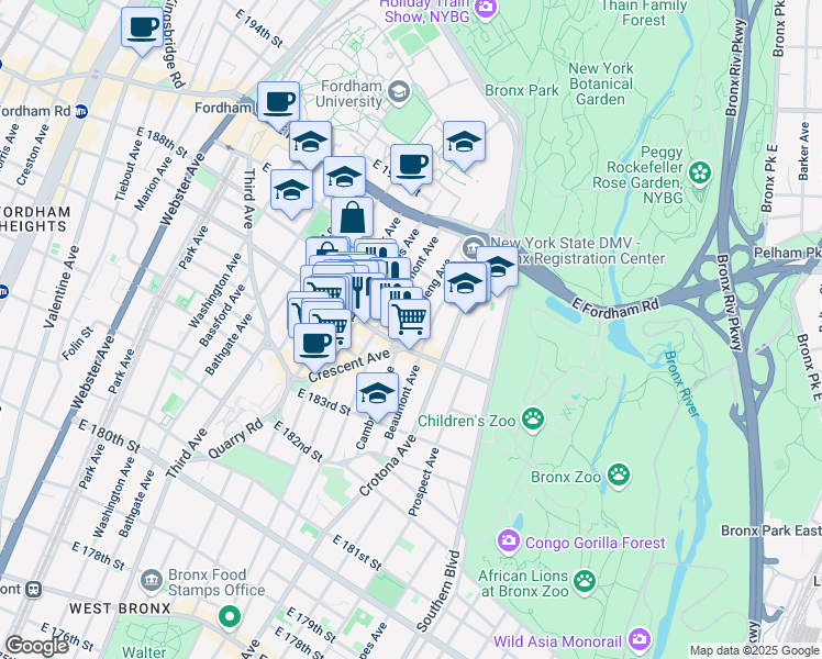 map of restaurants, bars, coffee shops, grocery stores, and more near 2420 Belmont Avenue in Bronx