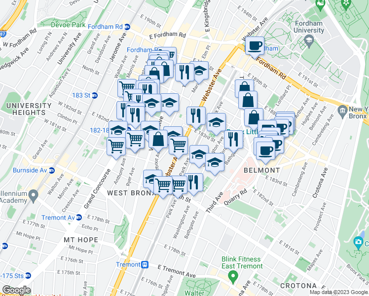 map of restaurants, bars, coffee shops, grocery stores, and more near 2252 Webster Avenue in Bronx