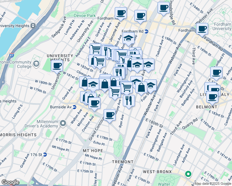 map of restaurants, bars, coffee shops, grocery stores, and more near 2188 Creston Avenue in The Bronx