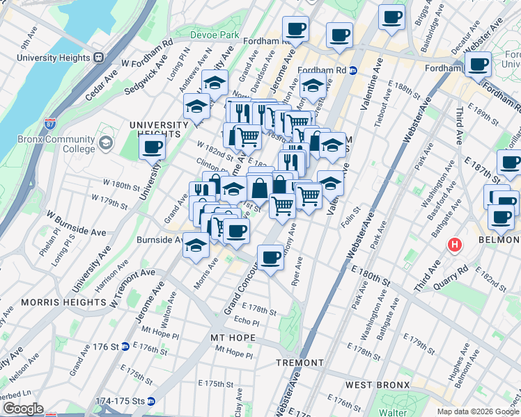 map of restaurants, bars, coffee shops, grocery stores, and more near in The Bronx