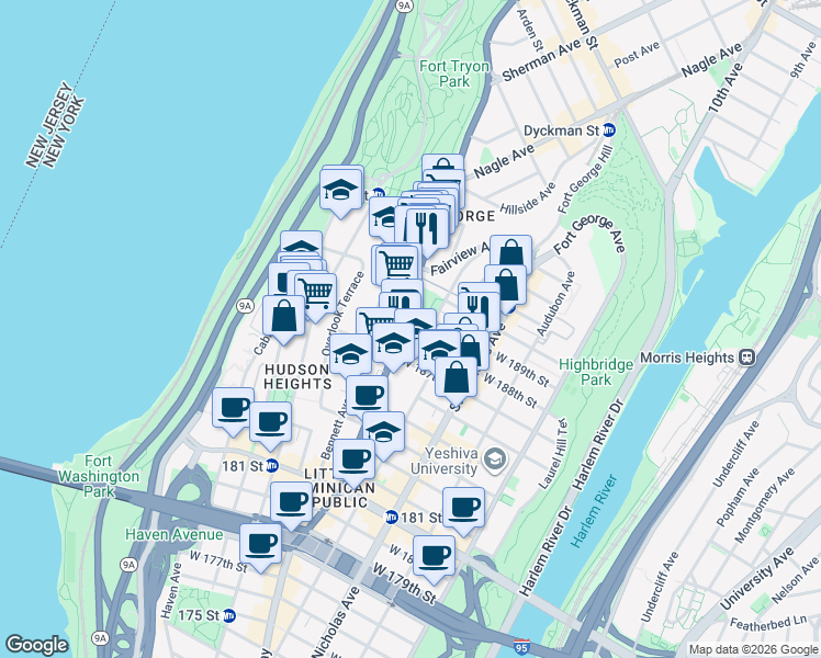 map of restaurants, bars, coffee shops, grocery stores, and more near 4411 Broadway in New York