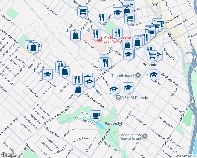 map of restaurants, bars, coffee shops, grocery stores, and more near 303 Howe Avenue in Passaic