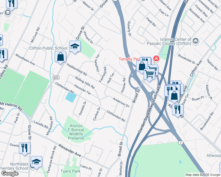 map of restaurants, bars, coffee shops, grocery stores, and more near 5 Robinson Terrace in Clifton