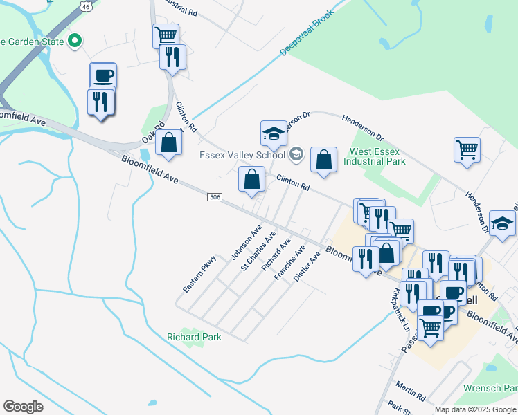 map of restaurants, bars, coffee shops, grocery stores, and more near 15 Debaun Avenue in West Caldwell