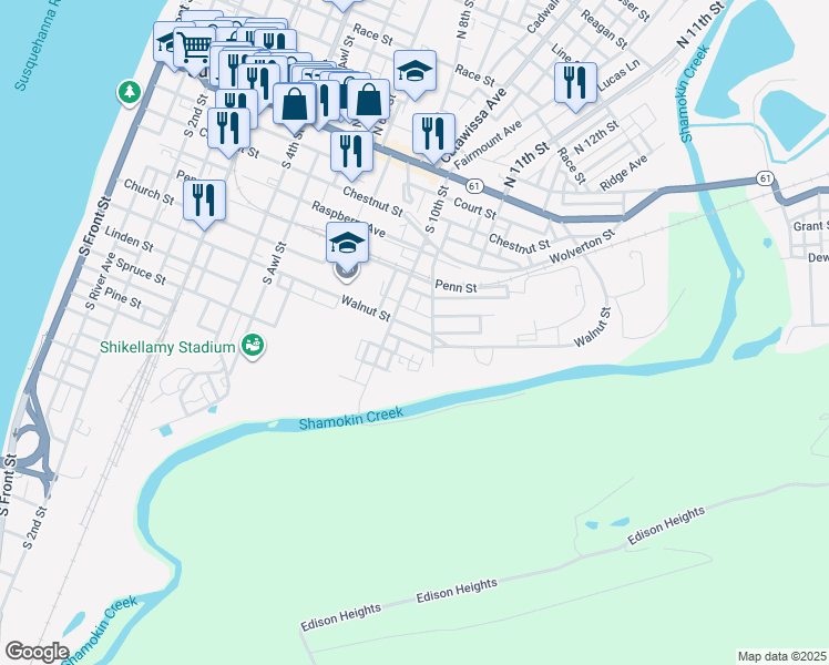 map of restaurants, bars, coffee shops, grocery stores, and more near 237 Lenker Avenue in Sunbury
