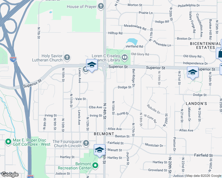 map of restaurants, bars, coffee shops, grocery stores, and more near 4420 North 14th Street in Lincoln
