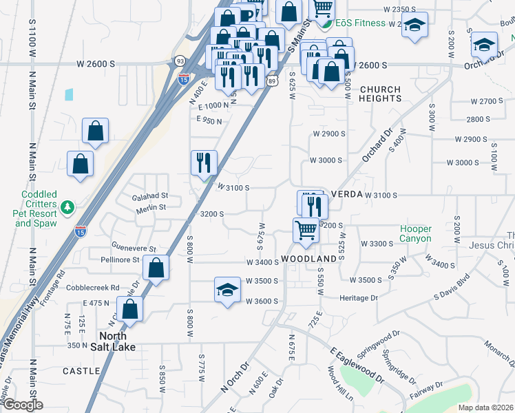 map of restaurants, bars, coffee shops, grocery stores, and more near 678 W 3200 S in Bountiful