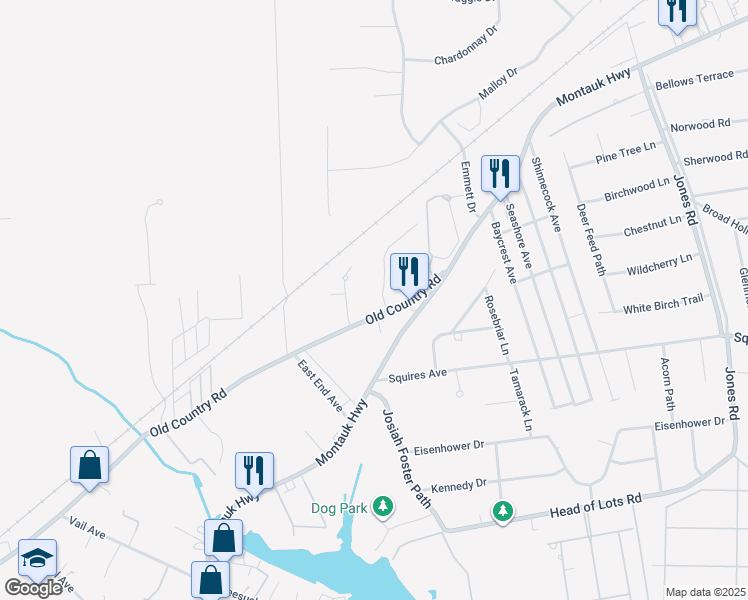 map of restaurants, bars, coffee shops, grocery stores, and more near 5 Bennett Drive in East Quogue