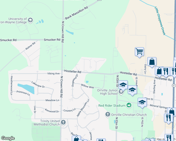 map of restaurants, bars, coffee shops, grocery stores, and more near 1304 Grace Lane in Orrville