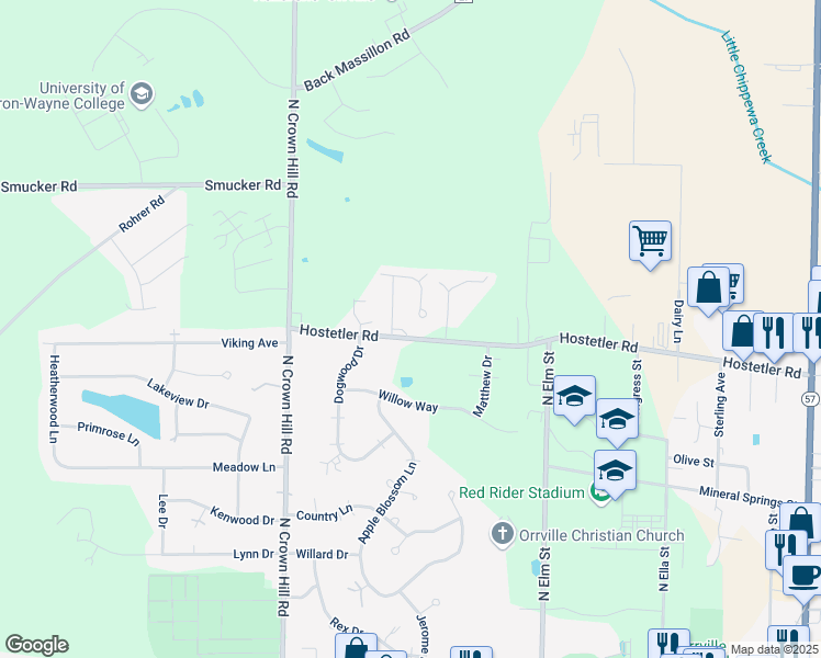 map of restaurants, bars, coffee shops, grocery stores, and more near 1304 Grace Lane in Orrville