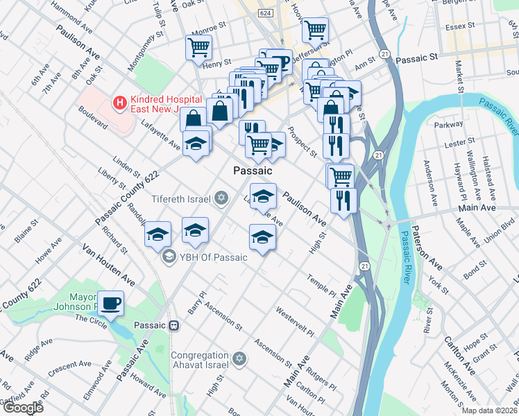 map of restaurants, bars, coffee shops, grocery stores, and more near 188 Lafayette Avenue in Passaic